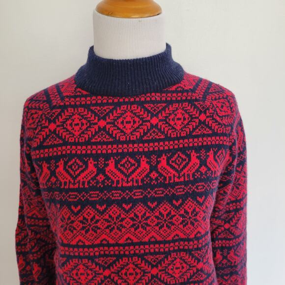 J. Crew Cheerful Fair Isle Sweater Mock Neck Red Birds Snowflakes Women Small - Picture 4 of 13